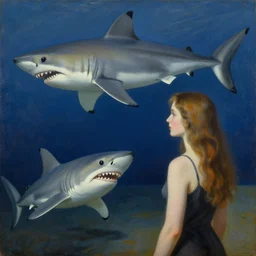 surreal surrealism surrealist painting of a woman watching a shark
