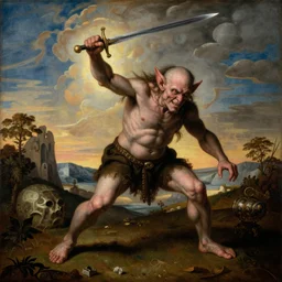 renaissance painting of a goblin being slain by a sword, colorful