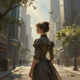 portrait of a victorian lady in a futuristic city, from behind, streets, birds in the sky, sunlight and rays of light shining through trees, tall buildings on the sides, beautiful, solarpunk!!!, highly detailed, digital painting by Michael Giancola