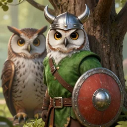 A detailed, highly realistic anthropomorphic owl with a viking helmet, green shirt and round shield standing in front of a tree, an anthropomorphic owl with a fluffy face wearing armor in front of a tree, digital art, ArtStation, Commission