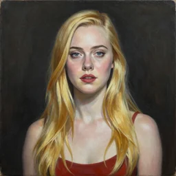 a striking hyper real painting of Elle Fanning by George Condo