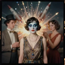 kodak portra 4 0 0, wetplate, joker make up, muted colours, blueberry, 1 9 1 0 s style, motion blur, portrait photo of a backdrop, explosions, rockets, sparkling, by georges melies and by britt marling