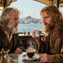 close up illustration of elrond and aragorn having a cup of turkish coffee in a coffee house overlooking the bosphorus strait in istanbul, cinecolor, specular reflections, detailed faces, hypermaximalist, elegant, ornate, fantasy art, by caspar david friedrich, by tolkien, by dan hennah