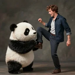 Attractive French man getting drop kicked in the face by a cute panda