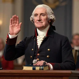 close render of george washington with hand on the bible, sworn into office, modern day, modern attire, 2 0 2 2, smiling presidential, inauguration, unreal engine, digital art, octane render, trending on artstation, raytracing