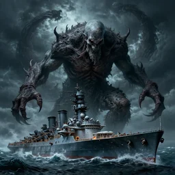 an ultradetailed illustration of cthulu, destroying a battleship, ominous and scary, dark thunderstorm, lovecraftian horror, monster from beneath the waves, intricate detail, cinematic, 8 k, cel shaded, volumetric lighting, octane render, art by greg rutkowski and albert bierstadt