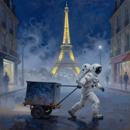 futurism style oil painting. an astronaut is pulling a cart through the foggy streets of paris. it is night time.
