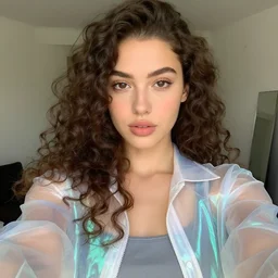 selfie of a young woman, wearing a translucent and iridescent jacket over a tank top, curly long hair, caucasian, sigma 85mm f/1.4, 4k, depth of field, high resolution, 4k, 8k, hd, full color