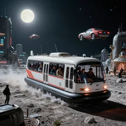 people in hovercraft bus in a Russian cyberpunk slum city called Neo Norilsk on the Moon, at night, diverse, lively, black sky full of stars, blinding sun, sci-fi, lots of flying cars, levitation, cyberpunk outfits, photorealistic, grainy, 35mm, intricate, very very beautiful, elegant, smooth, cinematic, Unreal Engine 5, by Beeple, trending on Artstation HD