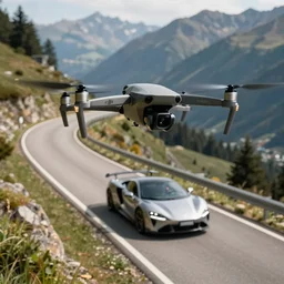 detailed dji mavic flying over a mountain road with a super car on it, photo, kodak portra 4 0 0, direct flash, cinematic lightning, anti aliasing