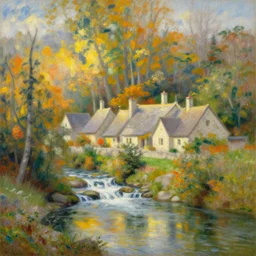 a painting of a sparse village of sparse stone cottages underneath a dense forest, with a cascading river and pristine reflect. gorgeous, elegant, sophisticated, an ultrafine painting, intricate brused strokes, bright depth oil colors, by renoir and rembrandt style, mist diffuse promiseful illumination, autumn sunrise warm light, detailed and intricate environment of hope