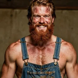 extremely muscular beautiful handsome redneck white male with long beard, wearing dirty overalls, dirty greasy face, grin, portrait, close up, kodak gold 2 0 0, 5 0 mm