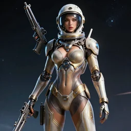 sexy engineer ornate feminine cyborg in full body skin space suit, arab helmet, concept art, joshua rife, gun, intricate, highlydetailed, space background, artstation 4 k raytracing, shadows, highlights, illumination