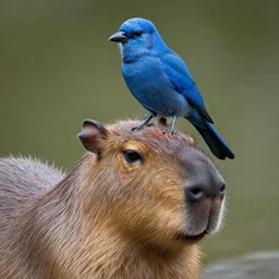 award winning photo of a blue bird sitting at the head of a capybara