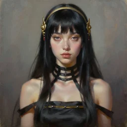 beautiful character oil painting of a gorgeous yor forger  by ross draws  trending on artstation, deviantart