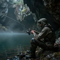 bb - 8 holding a rod while fishing in a mysterious lake in a cave, sci - fi, hyperdetailed, realistic, dark colors, low contrast, 8 k