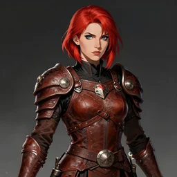 portrait of strong female ranger, beautiful! coherent! dungeons and dragons character, by brian froud, strong line, deep color, leather armor, short red hair, high contrast