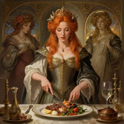 christina hendricks cooking dinner, deep focus, d & d, fantasy, intricate, elegant, highly detailed, digital painting, artstation, concept art, matte, sharp focus, illustration, hearthstone, art by artgerm and greg rutkowski and alphonse mucha