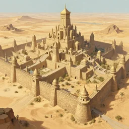 detailed and highly intricate art of standstone walls protecting a large desert kingdom with many buildings and towers, 8 k concept fantasy art illustration