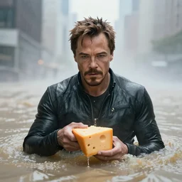 tony stark holding cheese, flooded, new york, fog