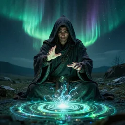 hooded shaman casting aurora spell, energy expansion ripple third eye awakening, epic ritual, depth detail, unreal engine 5, volumetric lighting, cinematic, Ray trace, octane render by national geographic Jason a Engle, 8k