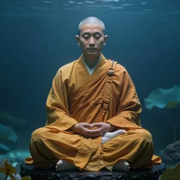 a wise monk meditating underwater, lotus pose, high detail, professional photography, 5 0 mm lens