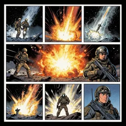no border 5 panel graphic novel layout explosive hydrogen cryogenic tears of hyperspace loneliness small unit tactics behind enemy lines littoral combat photorealistic graphic novel layout by john seale syd mead michael komarck, greg rutkowski, victo ngai, artgerm, willem claesz heda and j. dickenson roger deakins