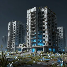 a beautiful ultradetailed highly detailed building abandoned city industrial architecture unfinished building nature urbex store by bernard tschumi, matte painting crystal meadow sci - fi synthwave at night uv light cyberpunk, archdaily, wallpaper, highly detailed, trending on artstation.