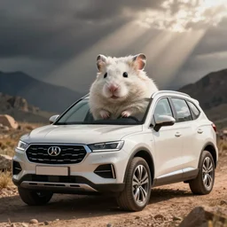 white hamster as the pilot of a qashqai