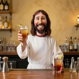 jesus christ serves drinks and smiles