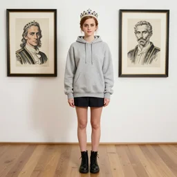 full body emma watson wearing crown on head wearing royal hoodie by Sandra Chevrier by Richard Schmid by Jeremy Lipking by moebius by atey ghailan