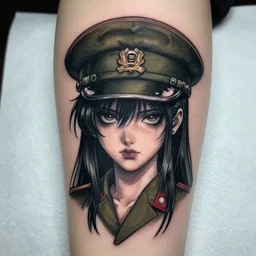 tattoo design, portrait of a anime girl with a military hat on, artgerm, by artgerm, ominous