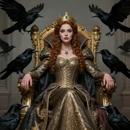 a beautiful female queen sitting on a throne, 8 k, beautiful face, surrounded by ravens, hyperrealistic, hyperdetailed, fantasy portrait by laura sava