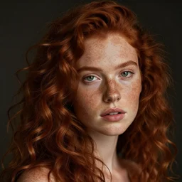 a photo portrait of a beautiful red girl with curls and lots of freckles, dramatic light , Rembrandt lighting scheme, photorealistic, photographed by Alessio Albi , sigma art 85 mm, ultra detailed, dark background , high quality, high detail, flickr,500px,8k.