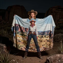 photo, a woman wearing a giant wide flowy sheet with a still frame from a vintage western cowboy movie on it, standing inside a dark western rocky scenic landscape, volumetric lighting