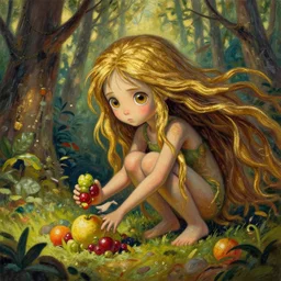 recursive image with a girl gathering fruits in forest, prehistoric, large eyes, her long hair flowing, surreal, oil pastels and gold, in the style of katsuhiro otomo, modeled in poser, redshift render, uhd