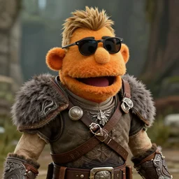 bip bippadotta as a skyrim character, wearing sunglasses, fuzzy orange puppet, screenshot from skyrim, 3 d unreal engine render