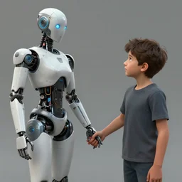 A boy holding hands with a female robot, trending on art station, realistic science fiction by William Nunez