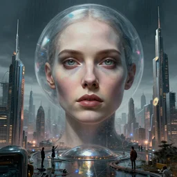 detailed face of a woman, tectonic cityscape, skydome, reactor, utopian, wet reflections, prism, atmospheric, ambient, pj crook, pj crook, syd mead, livia prima, artgerm, greg rutkowski, nick alm, casey baugh