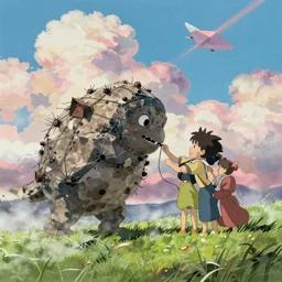 memorable animation key shot, illustration, paper texture, taming a rock creature covered in wire and barnicles, by mandy jurgens, by satoshi kon, ilya repin, lena aenami, shinji kimura, daylight pastel color palette, vibrant clouds, grass, mist