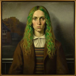 the 'american gothic' painting, with long curly green hair painted over the man's head