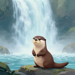 A cute otter playing in front of a huge ethereal waterfall by Greg Rutkowski by Tomasz Alen Kopera and greg rutkowski