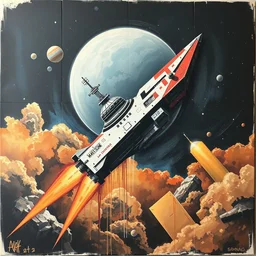space craft as graffiti art on canvas, high detail, matte finish, trending on artstation, ghetto, masterpiece, sharp focus, centered, high quality paint