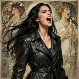 portrait of a long black haired woman screaming in the style of mass effect, singing, music performance, leather trench coat, intricate, elegant, highly detailed, digital painting, artstation, concept art, smooth, sharp focus, illustration, art by artgerm and greg rutkowski and alphonse mucha, 8 k