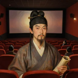 portrait of inside a movie theater in ancient china, artwork by gaston bussiere, craig mullins, trending on artstation