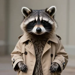 portrait of a suspicious looking raccoon in a trench coat, award - winning photograph