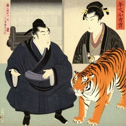 a delorean and a tiger, japanese magazine collage, art by hsiao - ron cheng and utagawa kunisada