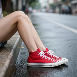 side view of the legs of a woman sitting on a curb, wearing red converse shoes, wet aslphalt road after rain, blurry background, sigma 8 5 mm