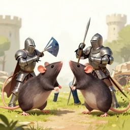 a photo of huge rats fighting with knights