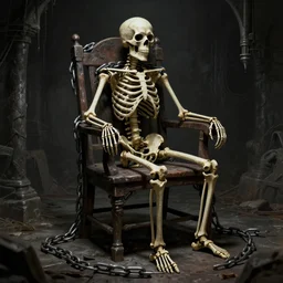 a skeleton chained to the chair in a dungeon, dark, detailed, sharp, digital art, surreal, featured on artstation, HD, 8K, highly detailed, masterpiece